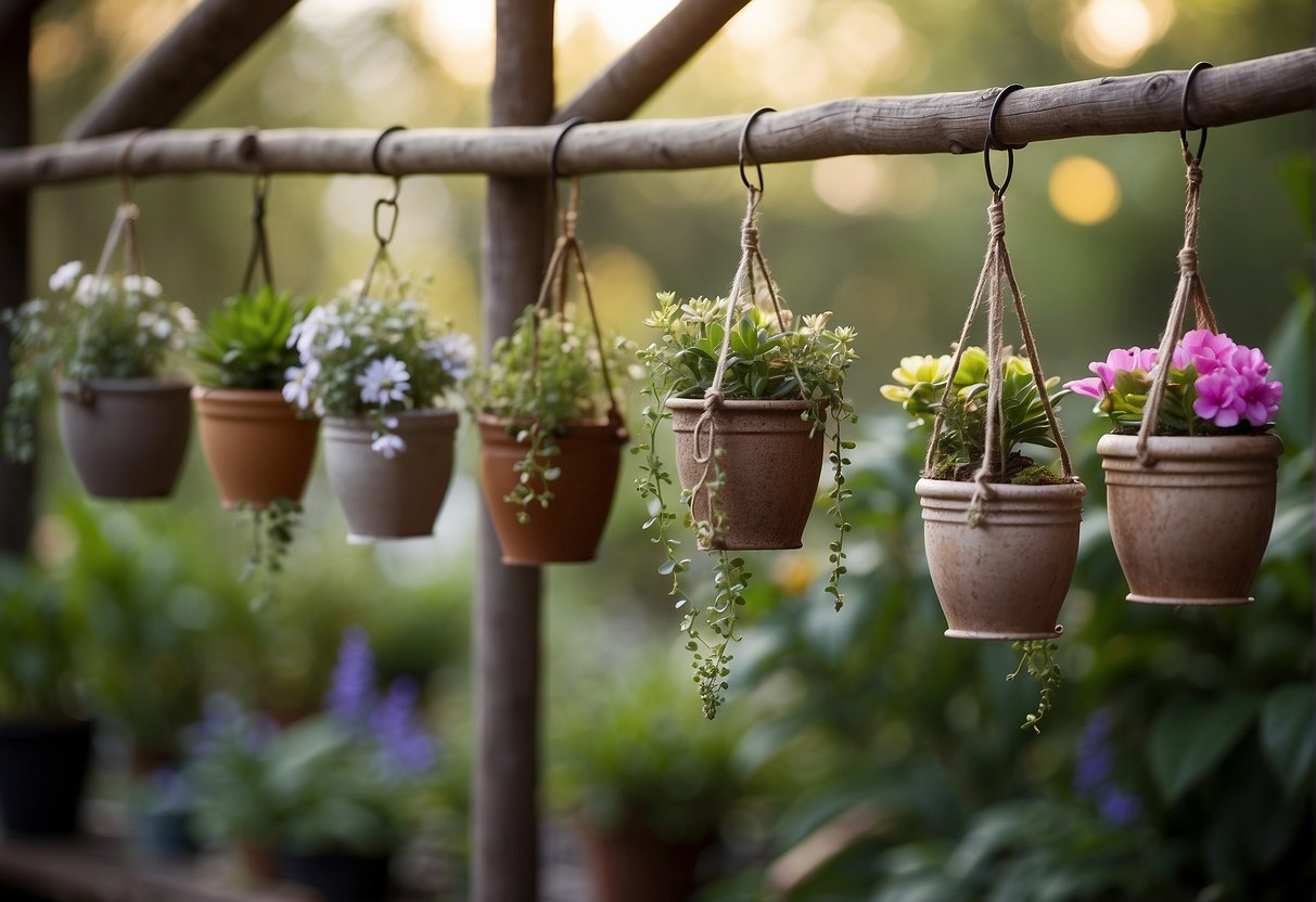 Several small hanging pots dangle from a wooden beam, each containing a different type of plant or flower