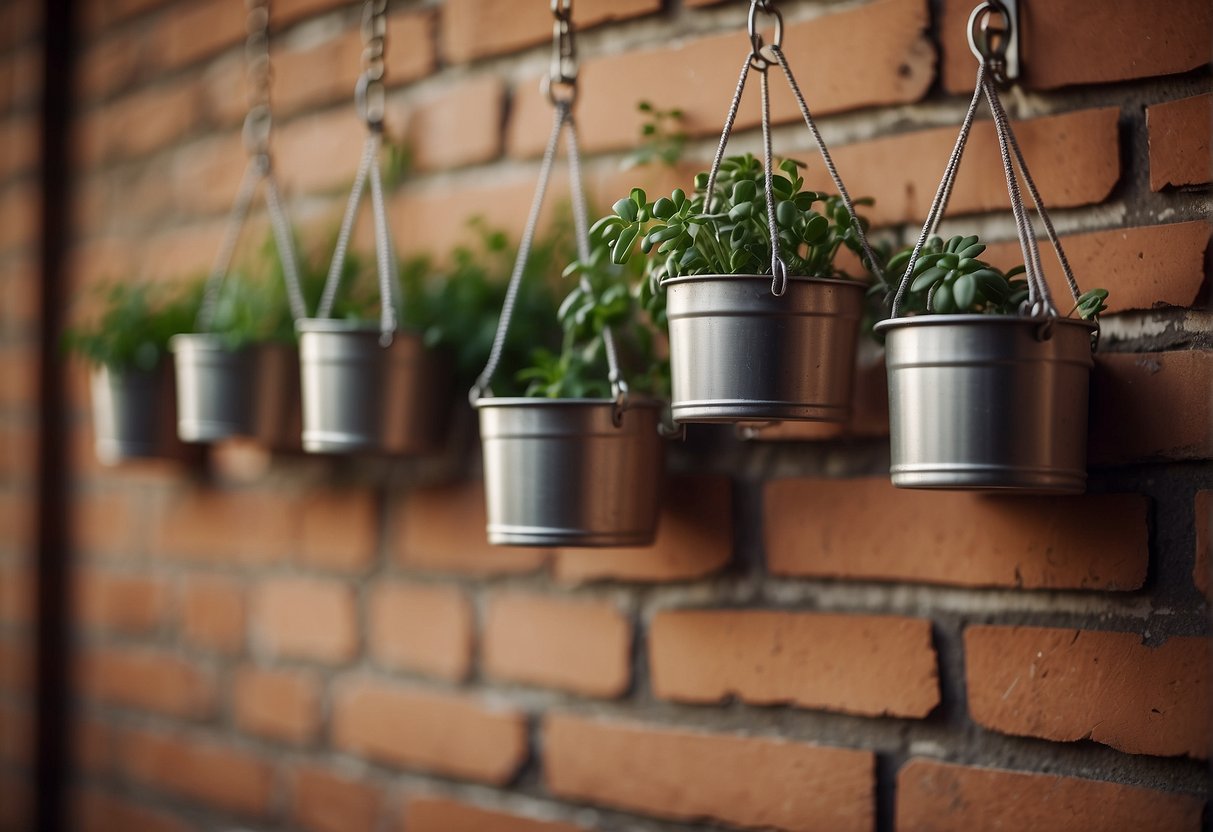 Several small hanging pots of varying shapes and sizes, suspended from a metal rod against a brick wall background