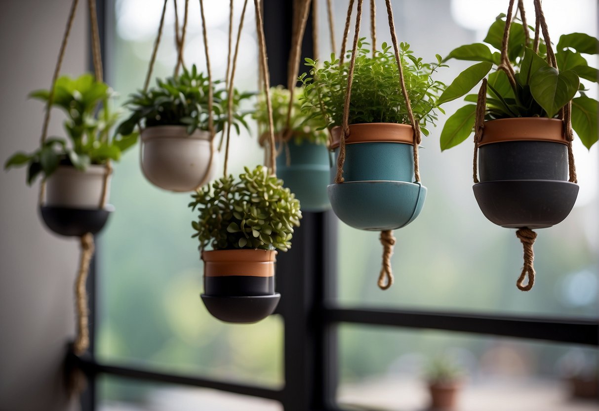 Several small hanging pots are installed and placed at varying heights, creating an eye-catching display
