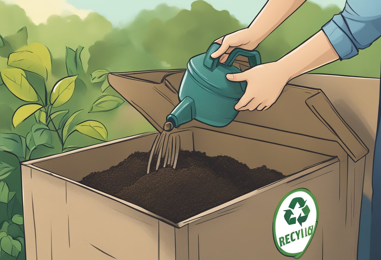 A hand pouring ABV into a compost bin, with a labeled recycling symbol nearby