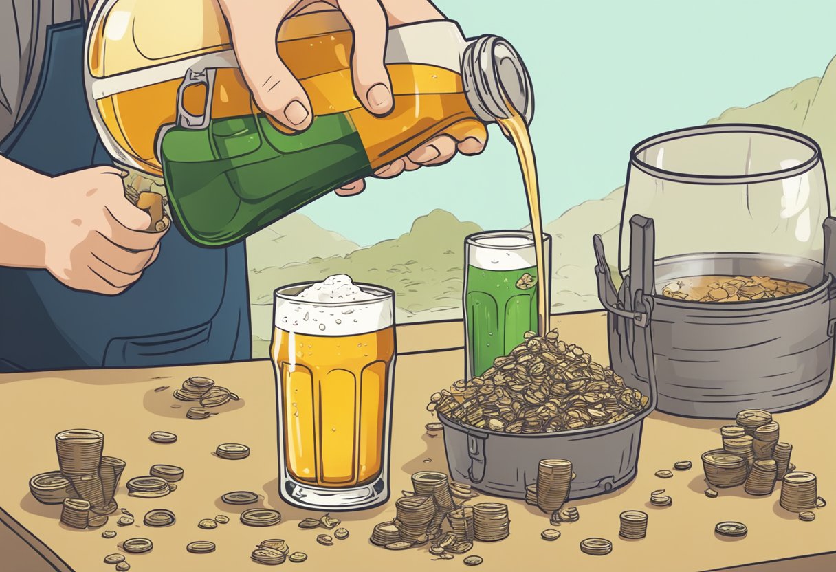 A glass of beer next to a pile of leftover ABV, with a person pouring the ABV into a container for future use