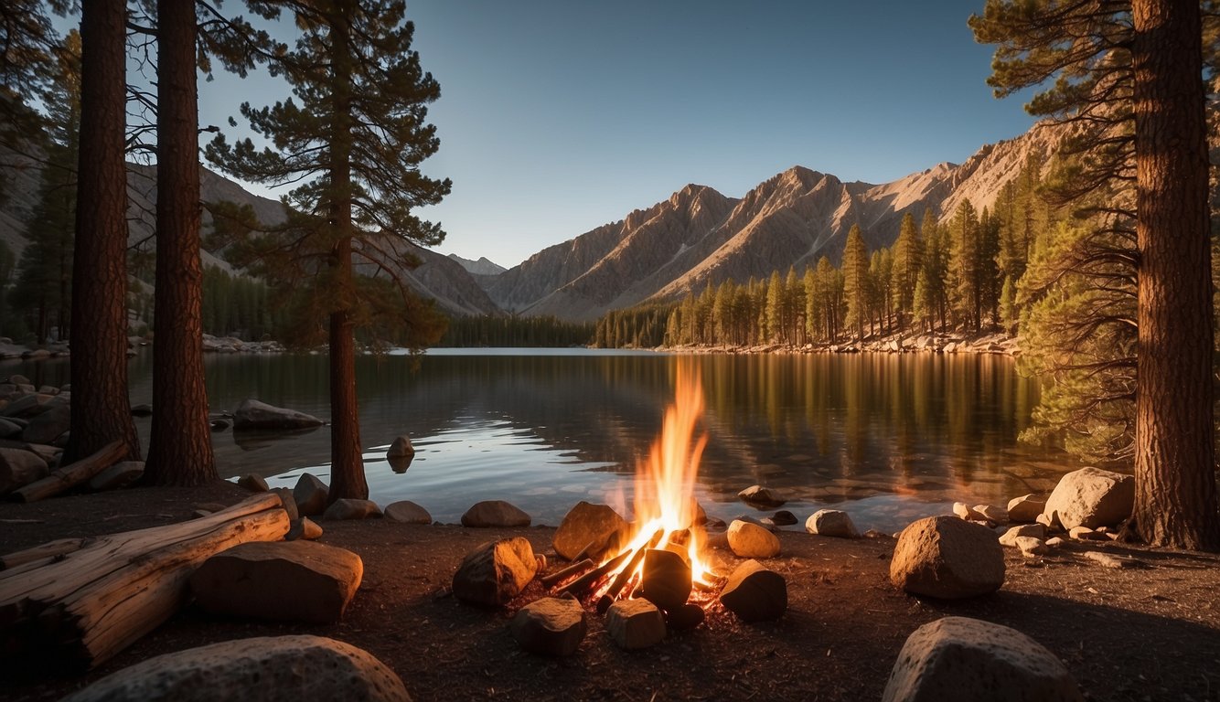 The sun sets behind the towering mountains, casting a warm glow over the tranquil waters of Convict Lake. A campfire crackles on the shore, surrounded by tents and tall pine trees