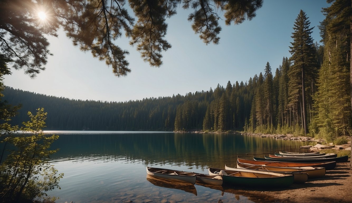 A serene lake surrounded by towering pine trees, with tents and campfires scattered along the shore. Canoes and fishing rods lay by the water's edge