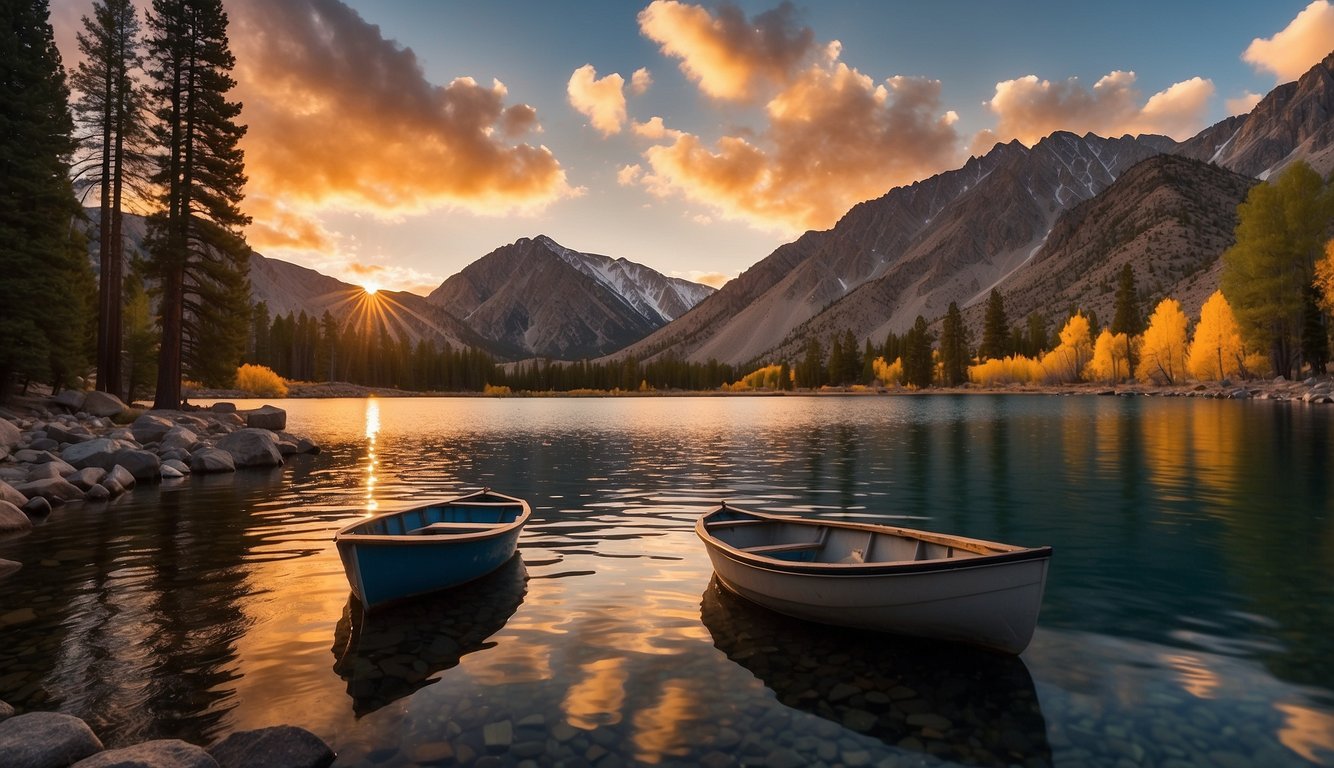 The sun sets behind the rugged peaks, casting a warm glow on the tranquil waters of Convict Lake. Pine trees line the shore, and a small boat bobs gently in the calm water