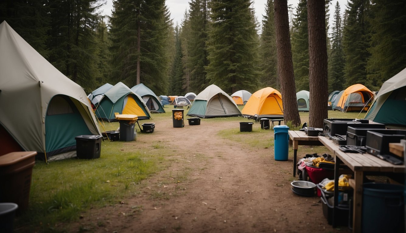 Campsite with organized tents, campfire, and cooking area. Trash bins and recycling stations visible. Visitors following posted rules and signs