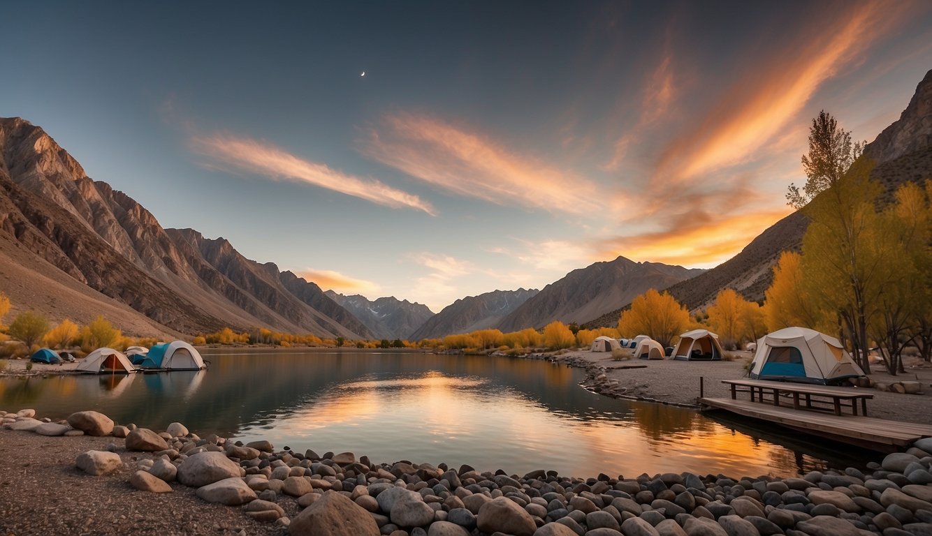 The sun sets over Convict Lake, casting a warm glow on the campsite. Tents are pitched near the water, with a backdrop of towering mountains