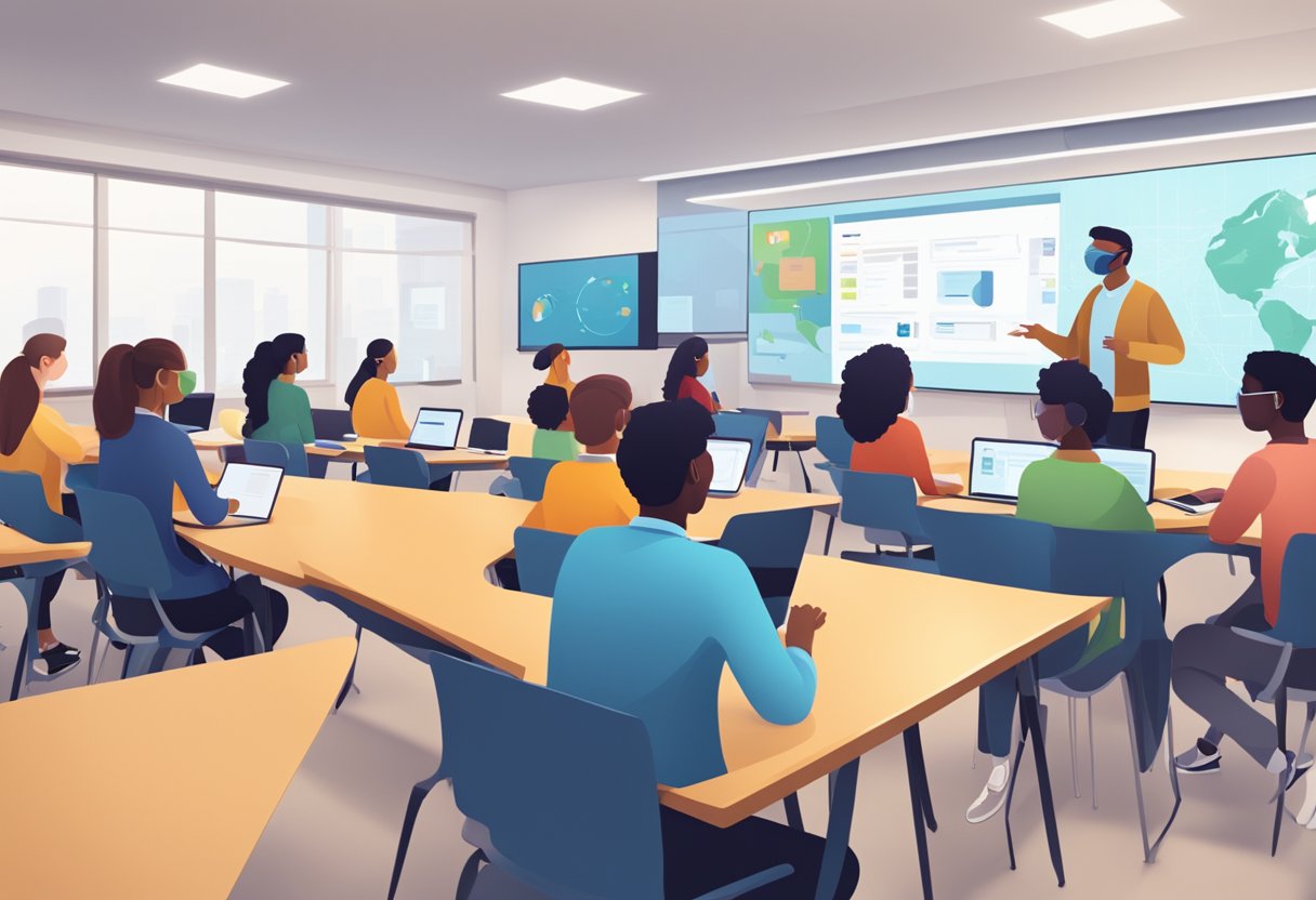 A virtual classroom with students actively using real-time collaboration tools to engage in interactive online learning activities