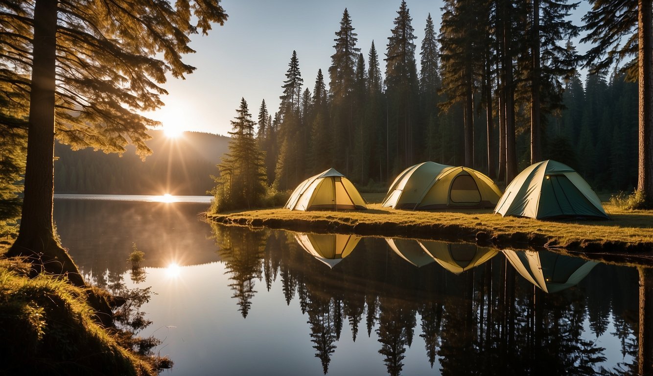 Tents pitched by Quinault Lake, surrounded by towering trees and a calm, reflective surface. Smoke rises from a campfire, and the setting sun casts a warm glow over the scene