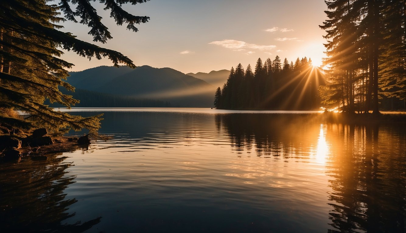 The sun sets over the calm waters of Lake Quinault, casting a golden glow on the surrounding forest. Tall evergreen trees line the shore, their reflections shimmering in the tranquil lake. A sense of peace and serenity fills the air