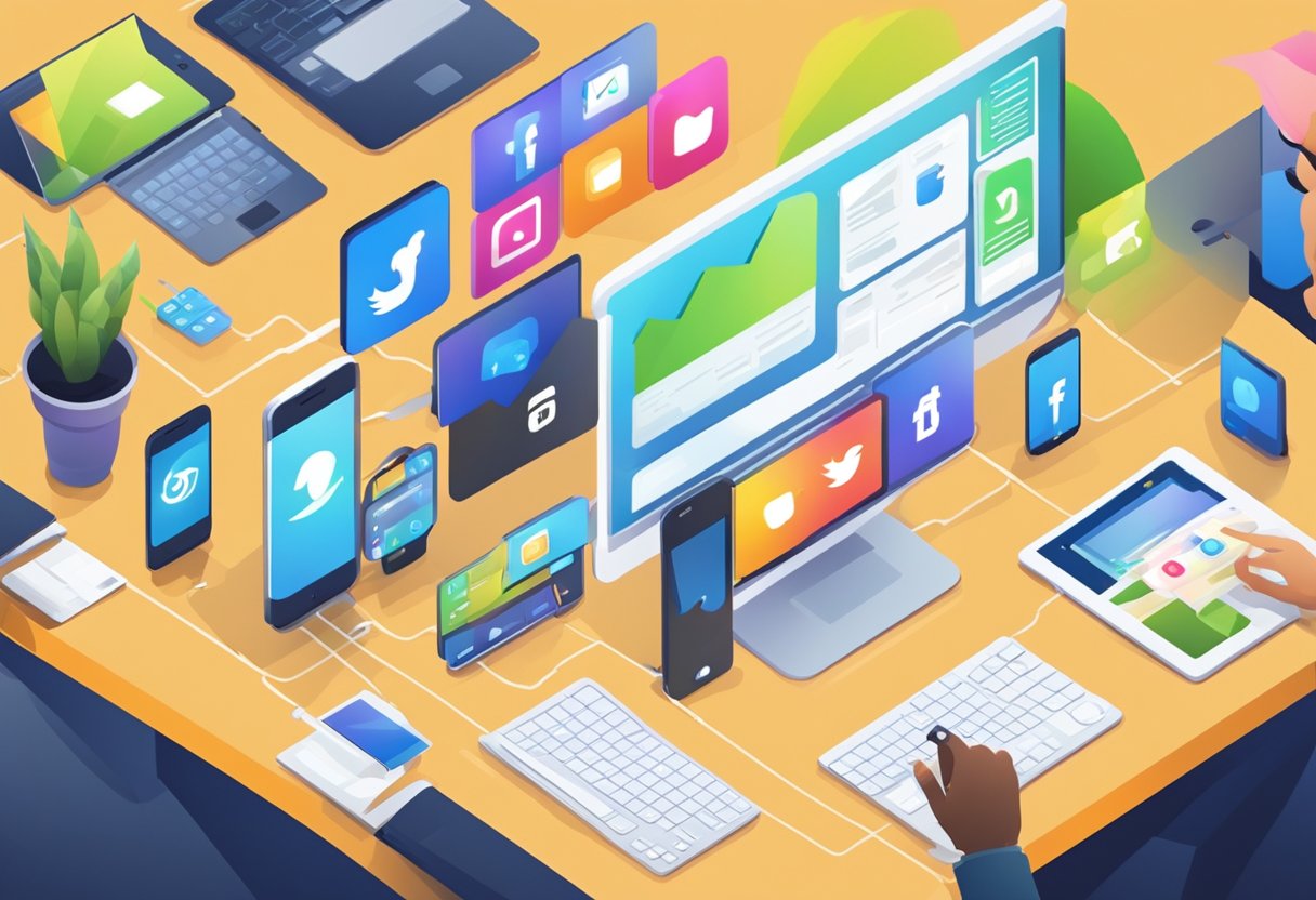 A group of digital devices interact with social media and collaboration tools, creating a dynamic and engaging atmosphere