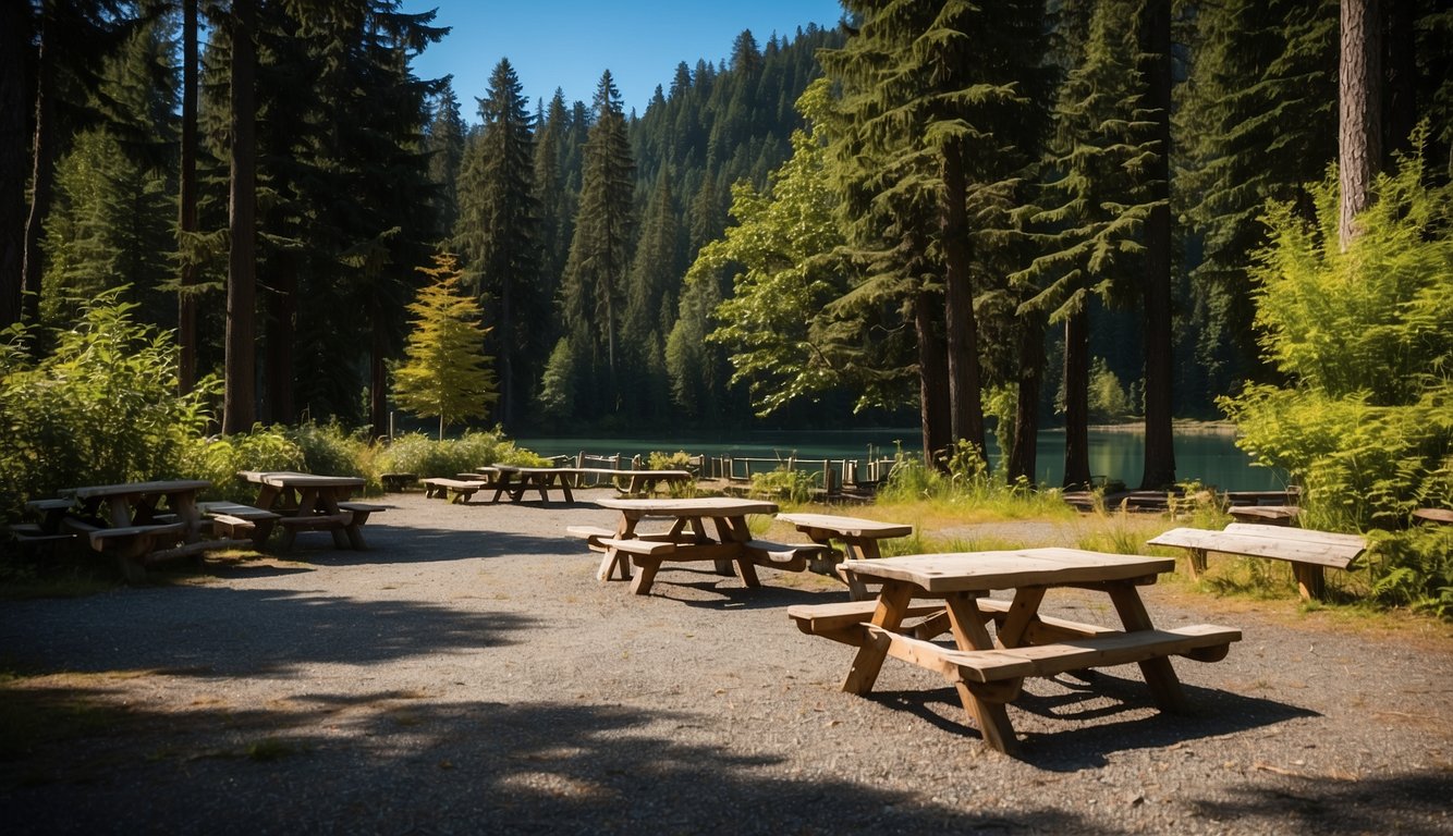 The campground amenities and facilities at Quinault Lake include picnic tables, fire pits, restrooms, and a boat launch area