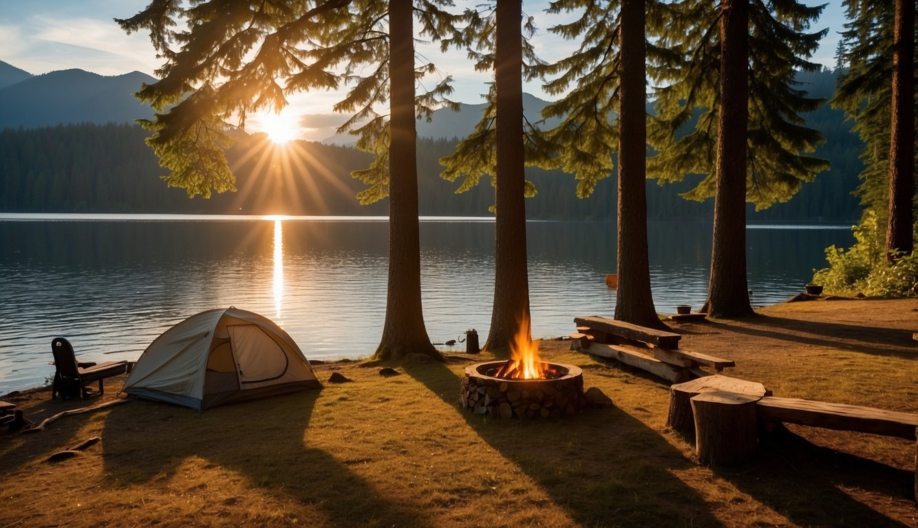 A serene lakeside campsite with tall trees, a crackling campfire, and a cozy tent nestled among the greenery. The sun sets over the tranquil Quinault Lake, casting a warm glow over the scene