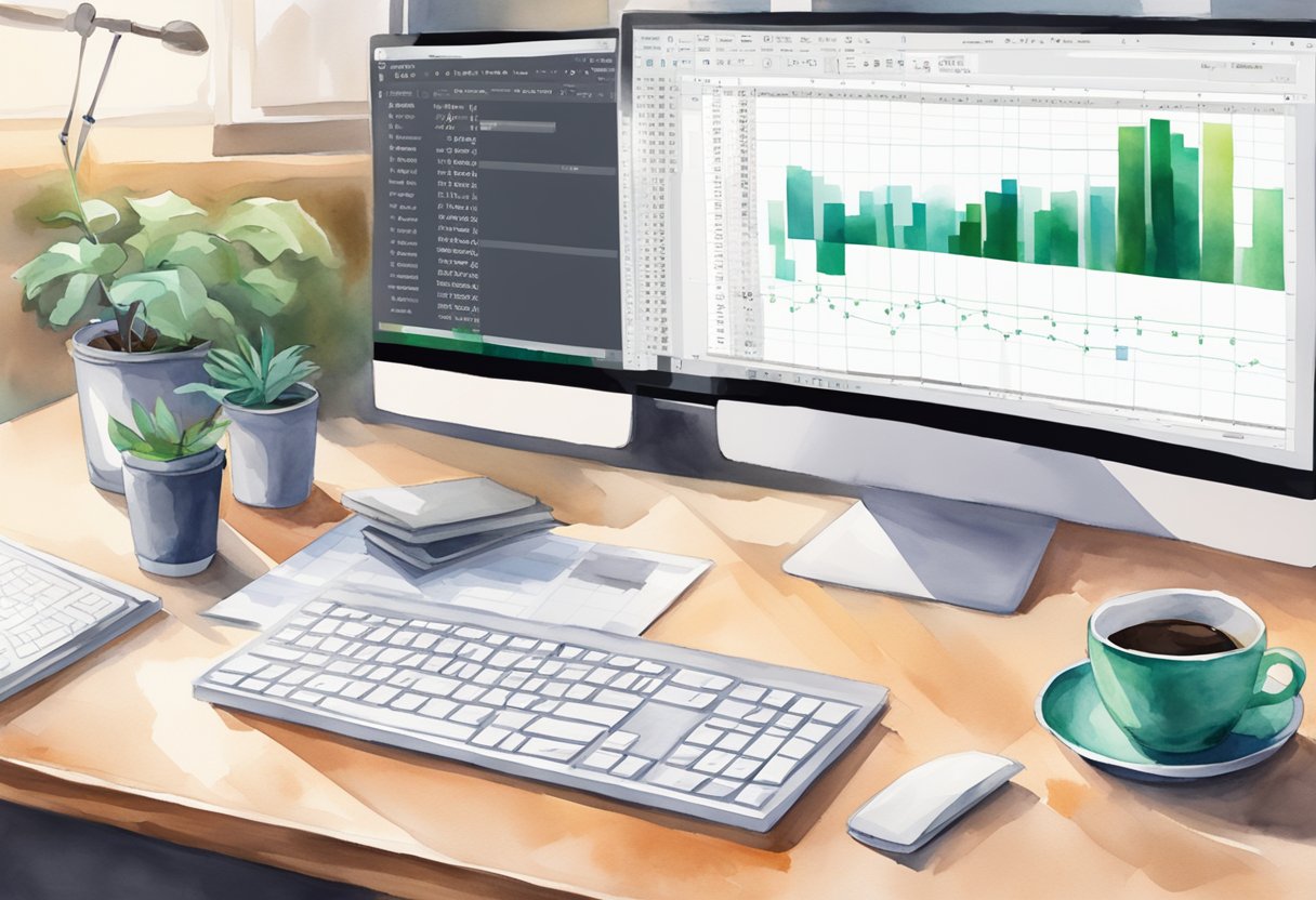 A computer screen displaying an Excel VBA code with comments and tips, surrounded by a clutter-free workspace and a cup of coffee