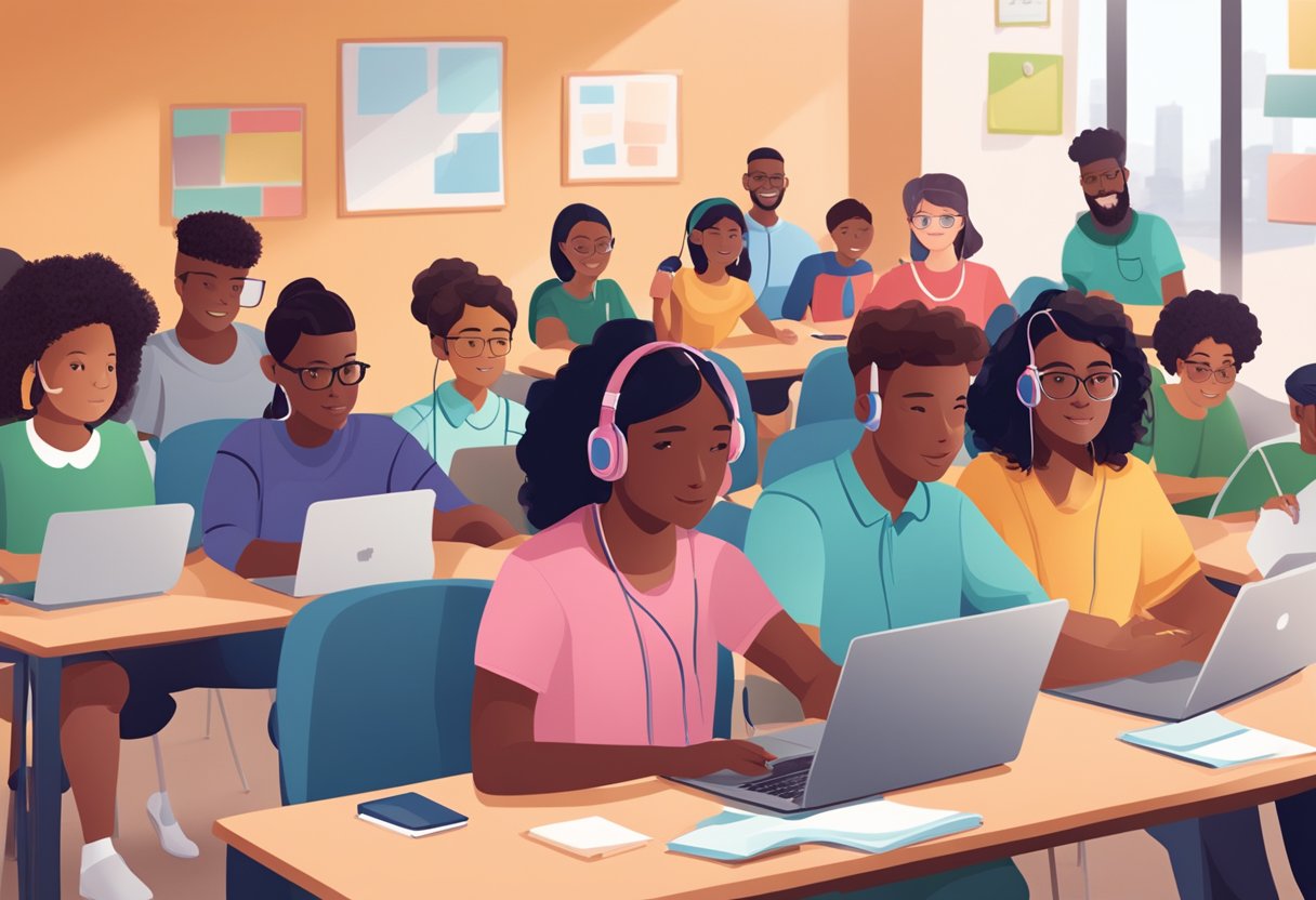 A group of diverse students engage in a virtual classroom setting, utilizing online collaboration tools to support their special needs education