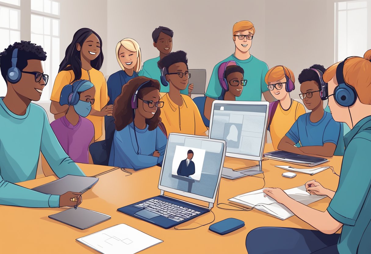 A diverse group of students with special needs engage in online collaboration using various tools, such as video conferencing, screen sharing, and interactive whiteboards