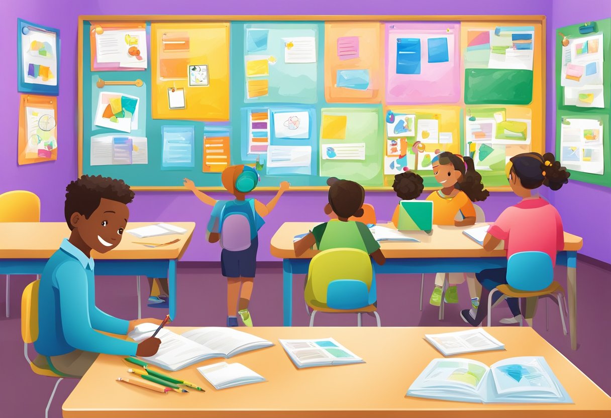 Collaboration tools displayed on a colorful classroom bulletin board, surrounded by happy student artwork and interactive learning materials