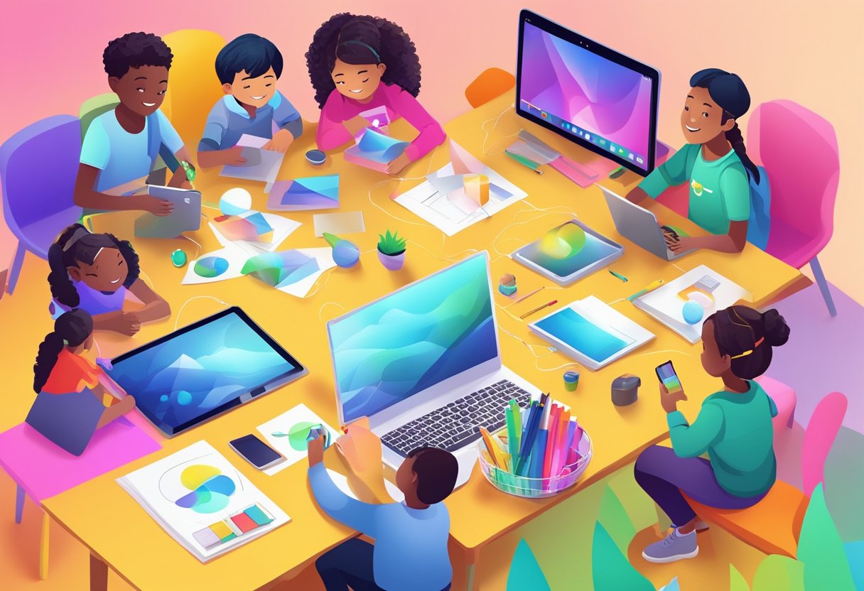 Children using digital devices and physical materials to work together on a project, surrounded by colorful and engaging collaboration tools