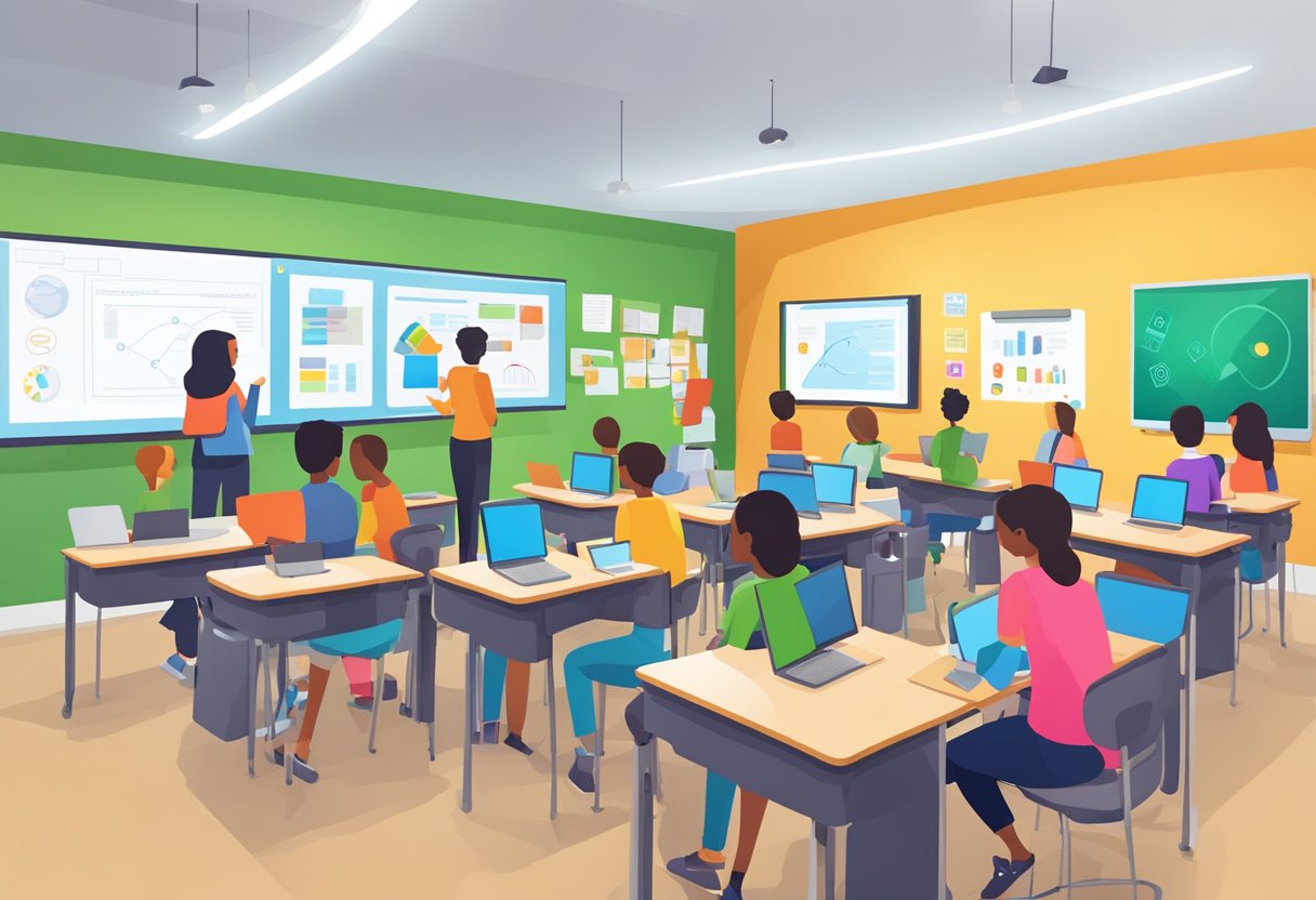 A classroom with colorful collaboration tools on display, including interactive whiteboards, tablets, and laptops. Students and teachers engage in group projects and digital activities, fostering a dynamic learning environment