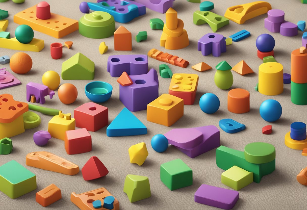 Colorful sensory toys scattered on a soft, textured rug. A variety of shapes, sizes, and textures invite exploration and engagement, enhancing learning in a special education setting