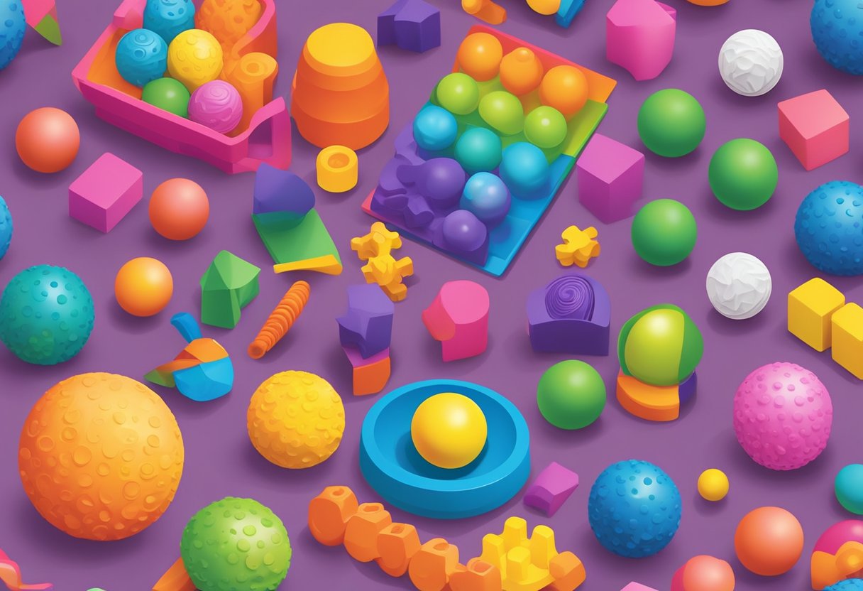 A variety of sensory toys are arranged in an organized display, including textured balls, squishy fidgets, and colorful tactile puzzles. The toys are positioned on a table with a backdrop of educational materials, creating a stimulating environment for learning