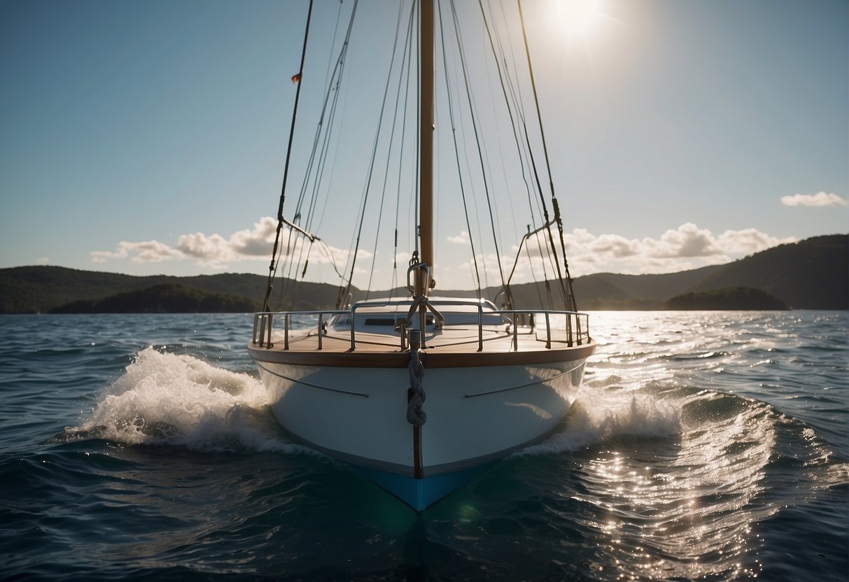 The boat floats on calm water, its hull cutting through the waves. The mast stands tall, with ropes and rigging securing it. The bow points forward, while the stern trails behind