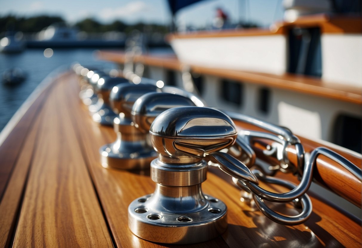 The boat's deck fittings include cleats, chocks, and bollards for securing ropes and lines. The fittings are made of metal and are attached to the deck