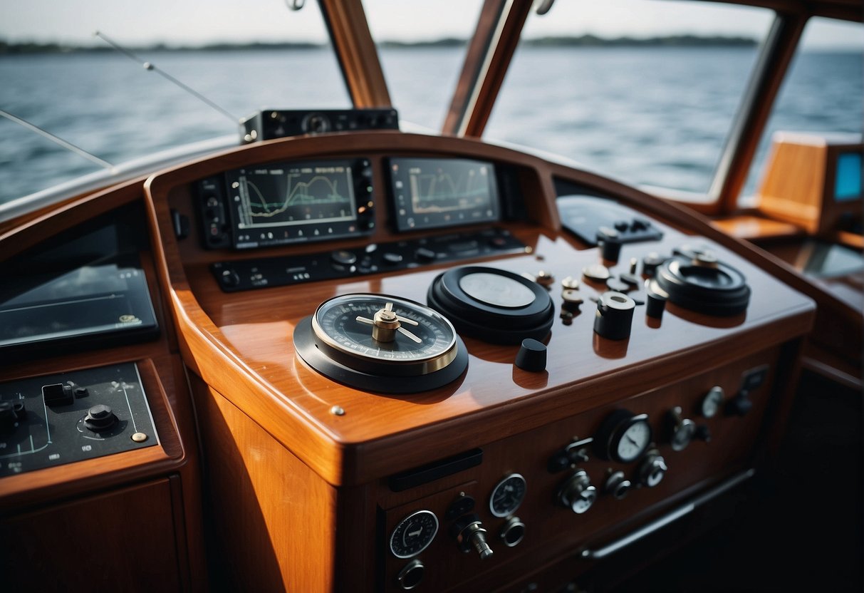 The boat's navigational elements include the helm, compass, chart table, and radar display