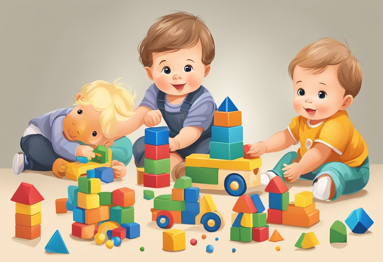 Toddlers playing with educational toys, solving puzzles, stacking blocks, and manipulating objects to develop motor and cognitive skills
