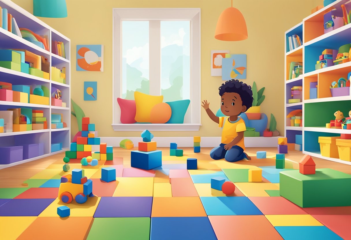 Colorful blocks and puzzles spread across a bright playroom floor, surrounded by books and art supplies. A toddler's hands reach for a vibrant toy, while a diverse array of educational toys line the shelves