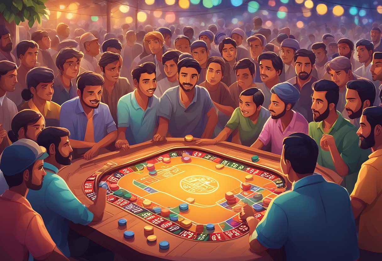 A crowded street with people gathered around a group playing Satta Matka. Bright lights and colorful boards draw attention to the game