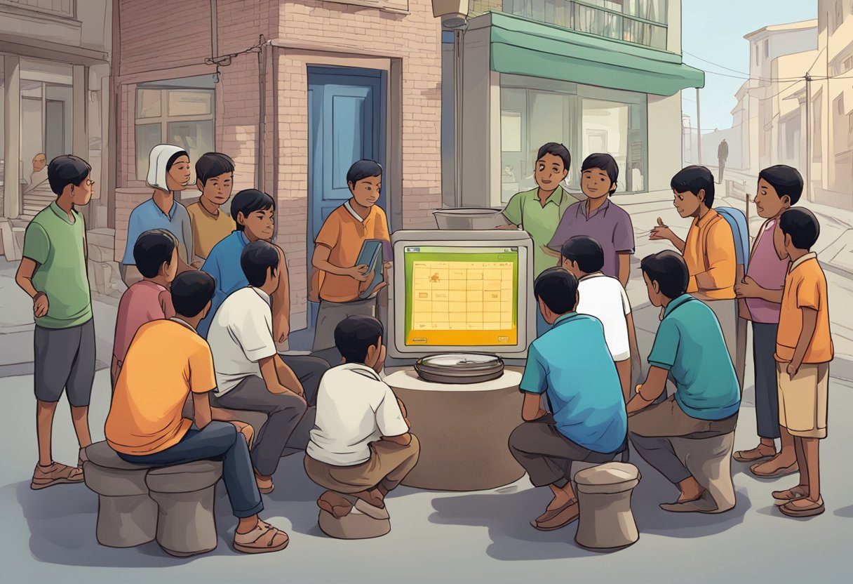 A group of people gather around a street corner, eagerly watching as numbers are drawn from a pot. Nearby, a computer screen displays an online platform for playing Satta Matka