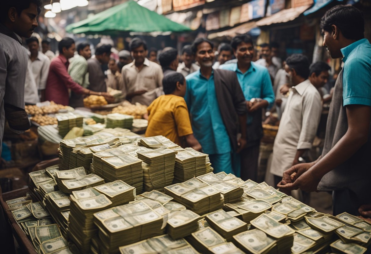 The bustling streets of a local market, with vendors selling lottery tickets and excited customers exchanging money, showcasing the impact of Satta Matka on the local economy