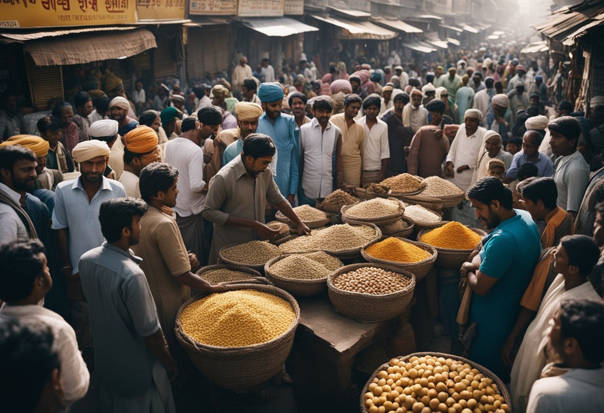 A bustling marketplace with people buying and selling goods, while others gather around to place bets on Satta Matka. The energy is palpable as the game impacts the local economy and social dynamics