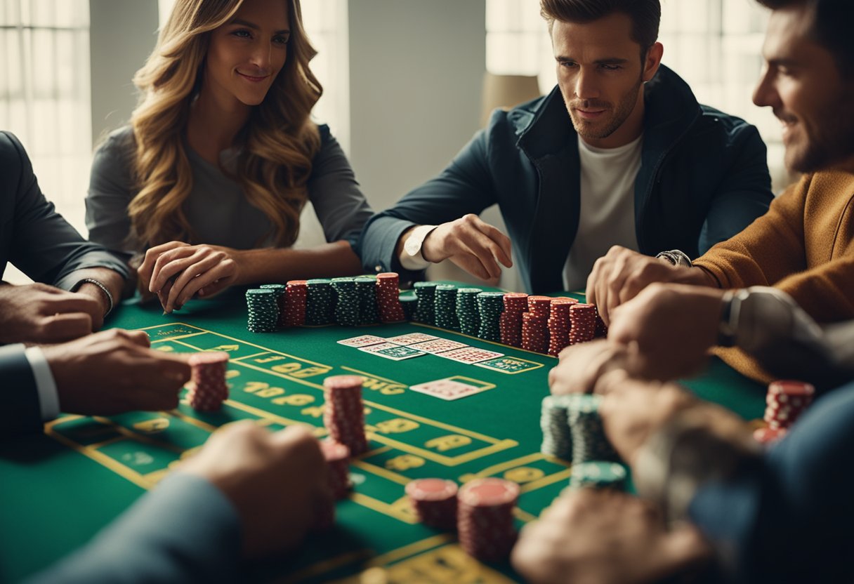 A group of people gather around a table, placing bets and eagerly watching the outcome of a game. The tension and excitement in the air is palpable as the psychology of gambling unfolds