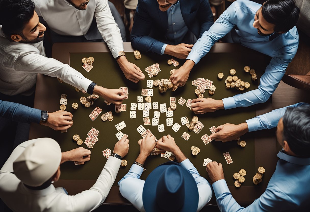 A group of people eagerly gather around a table, placing bets and exchanging excited looks as they engage in the game of Satta Matka. The tension in the air is palpable as the players anticipate the outcome of their chosen numbers