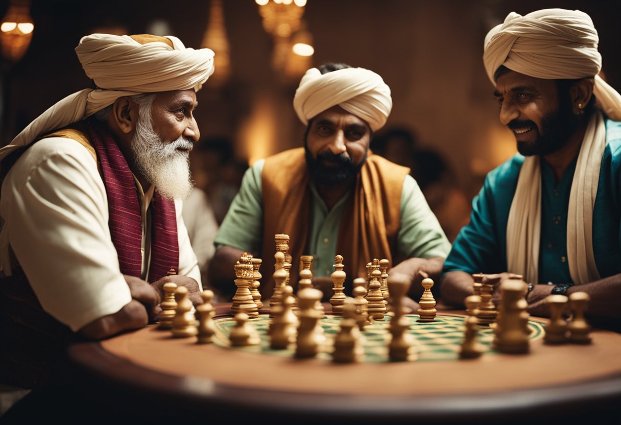 A group of seasoned Satta Matka players gather around a table, exchanging stories and strategies, their faces animated with excitement and anticipation