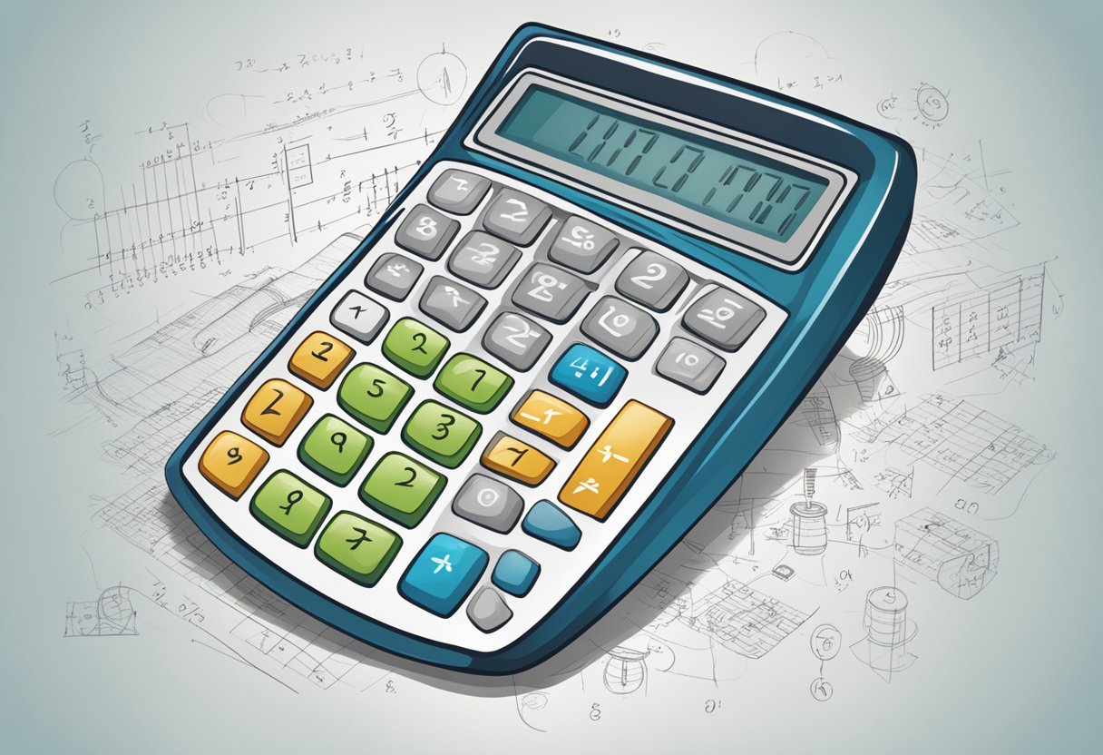 A calculator with a spine-shaped design, surrounded by various mathematical symbols and equations