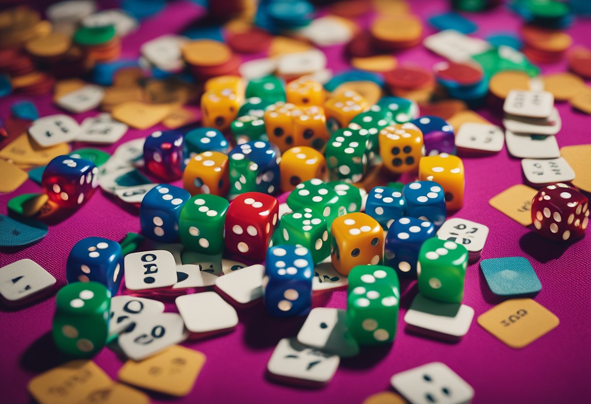 A colorful array of numbered cards and dice spread out on a vibrant cloth, surrounded by a group of enthusiastic players