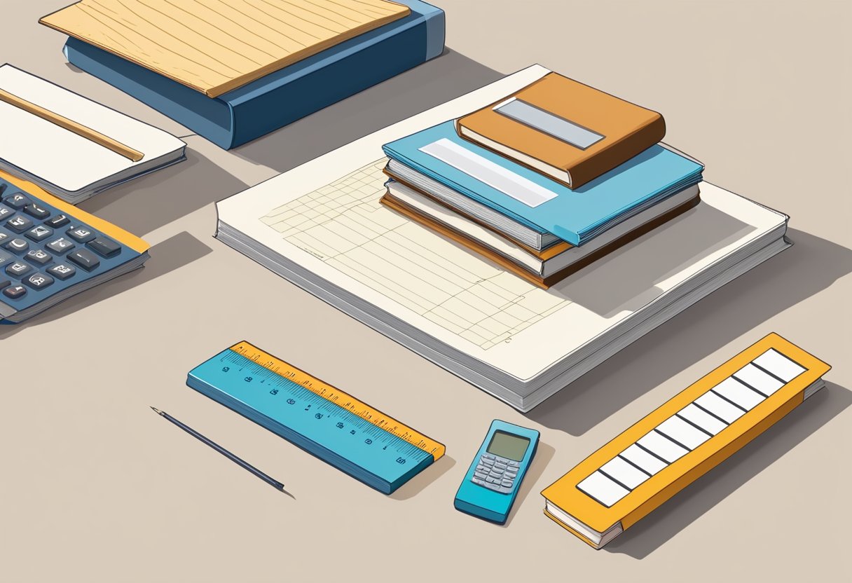 A stack of books with varying thicknesses arranged next to a ruler and calculator, illustrating the process of determining spine width for bookbinding