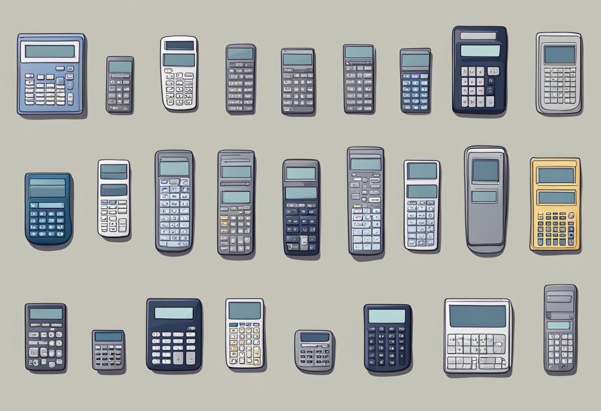 A variety of spine calculators arranged on a table for illustration