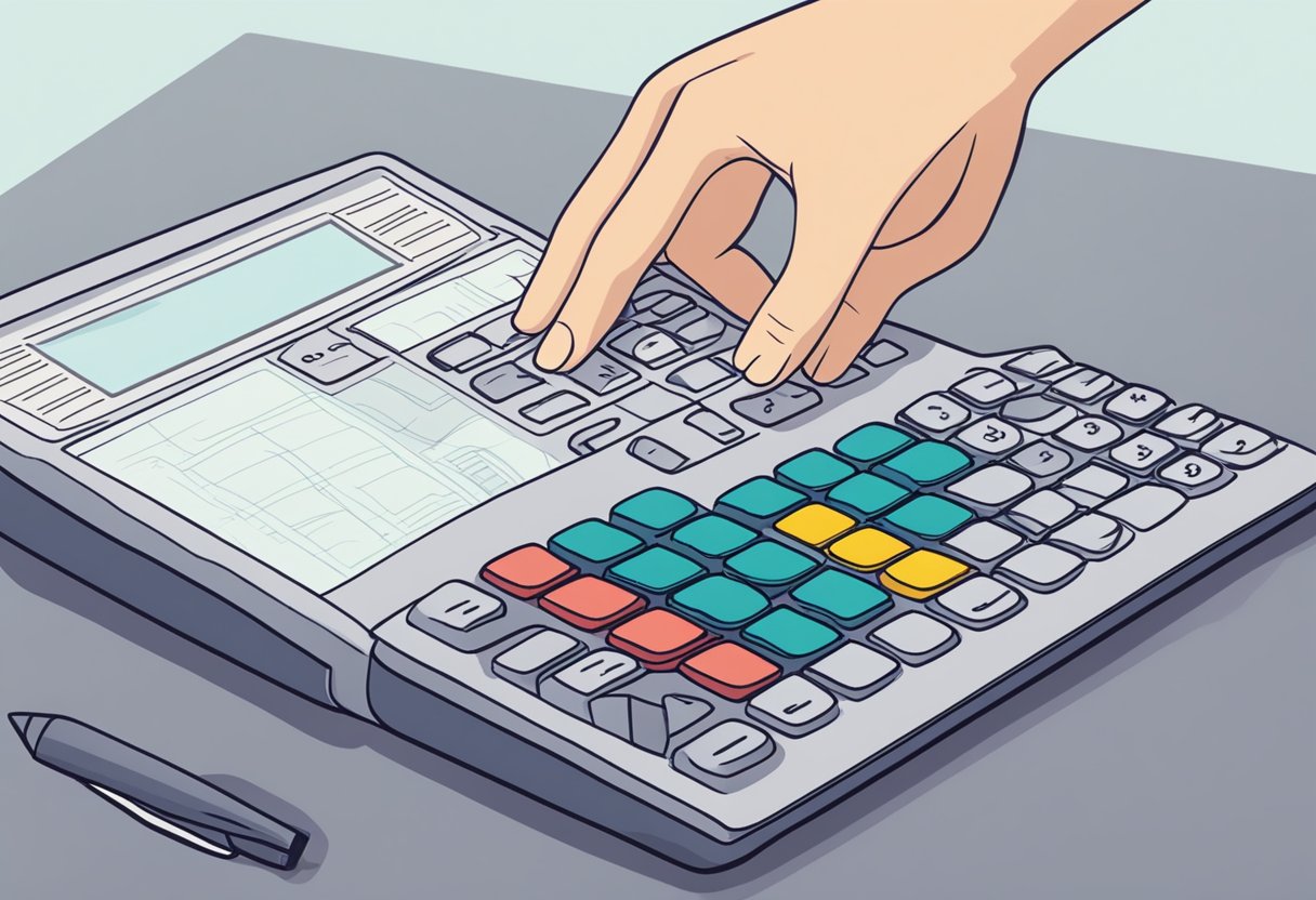 A hand places a book on a spine calculator. The calculator displays the spine width based on the number of pages entered