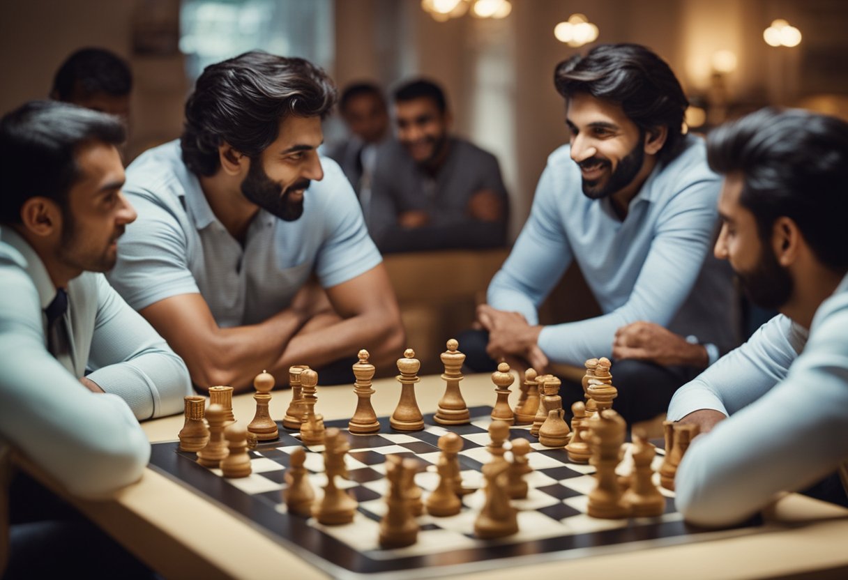 A group of matka players gather around a table, exchanging tips and strategies while sharing stories of legendary wins and losses. The room is filled with an air of anticipation and excitement