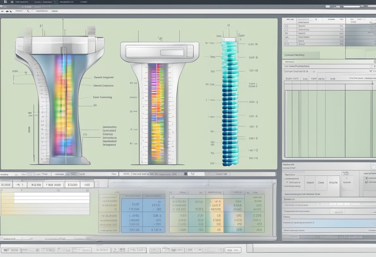 A computer screen displays a spine measurement tool with a calculator interface, showing advanced technology and precision in spinal measurements