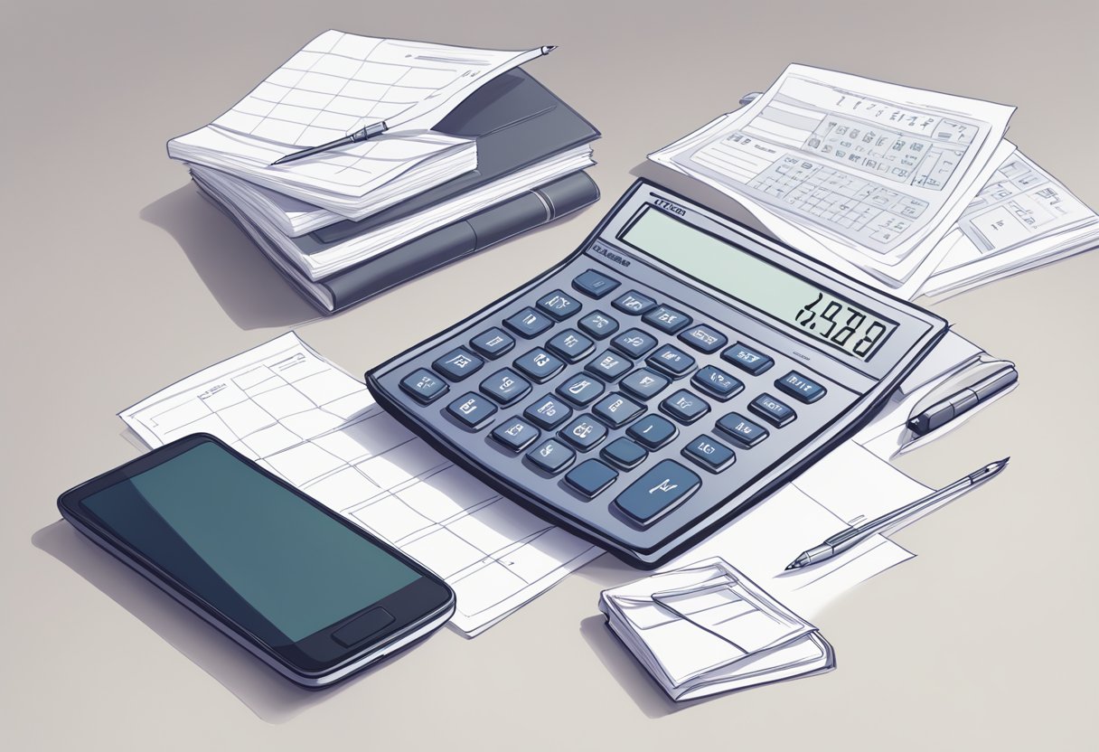 The calculator sits on a clean, white desk with a computer screen in the background. A stack of papers and a pen are nearby