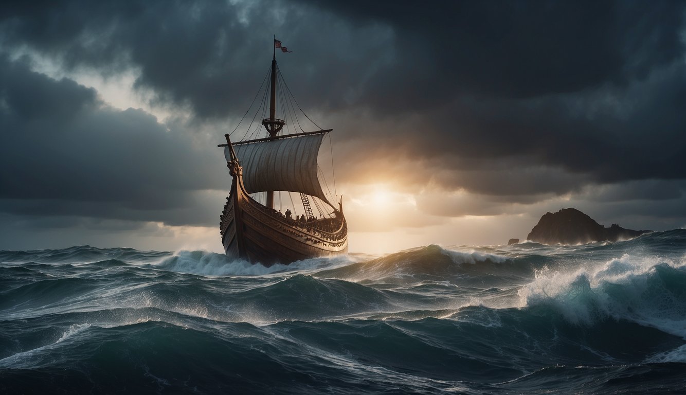 A majestic Viking ship sails through stormy seas as the god Freyr gazes longingly at the distant figure of Gerðr, the beautiful giantess he yearns to win over with his love