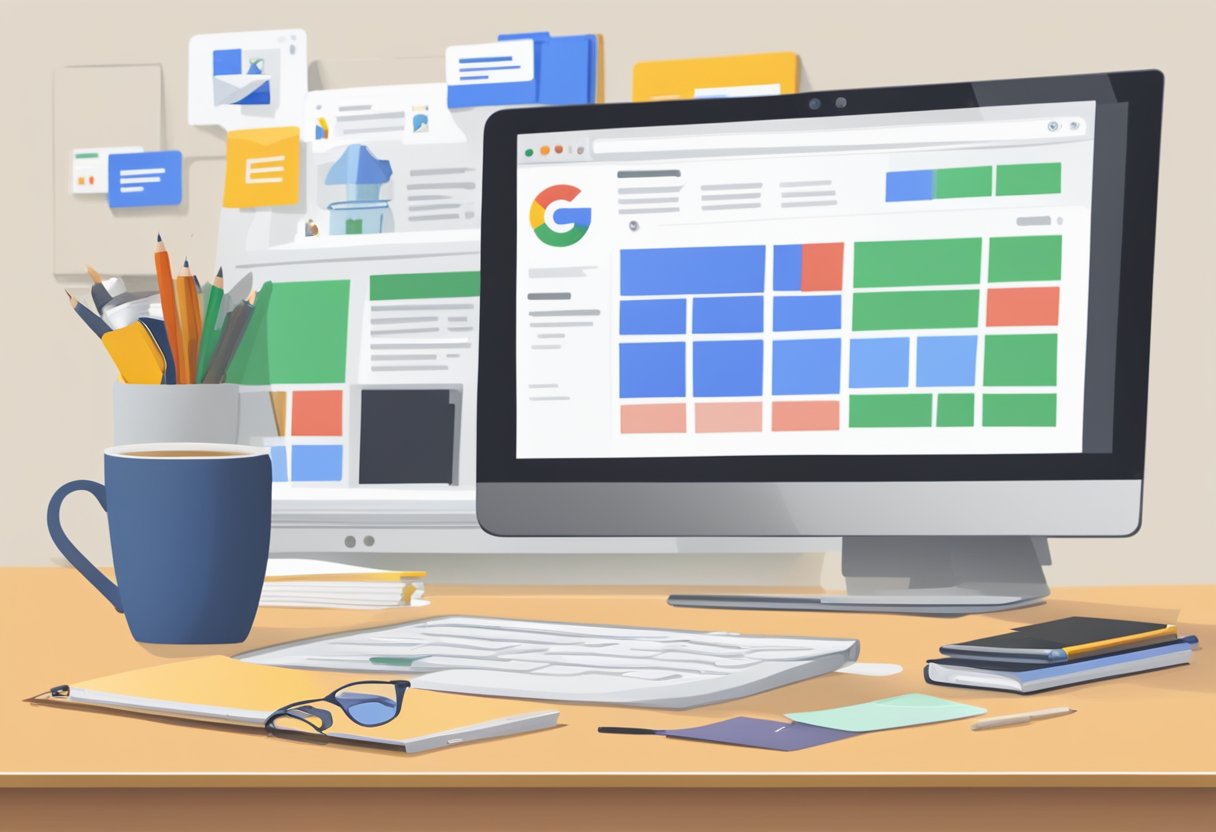 A computer screen displaying Google ads with various products and services, surrounded by a cluttered desk with coffee mug and notepads
