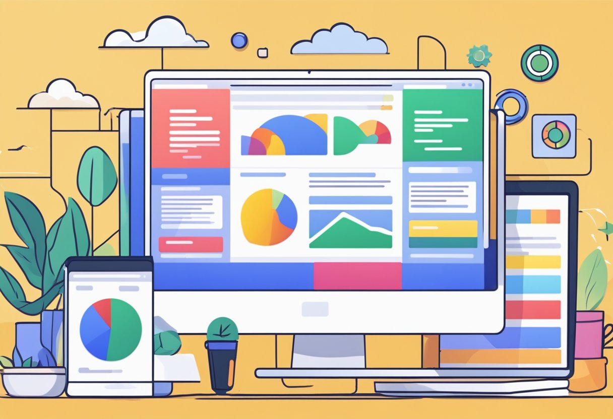 A computer screen displays various Google Ads formats with vibrant colors and clear text