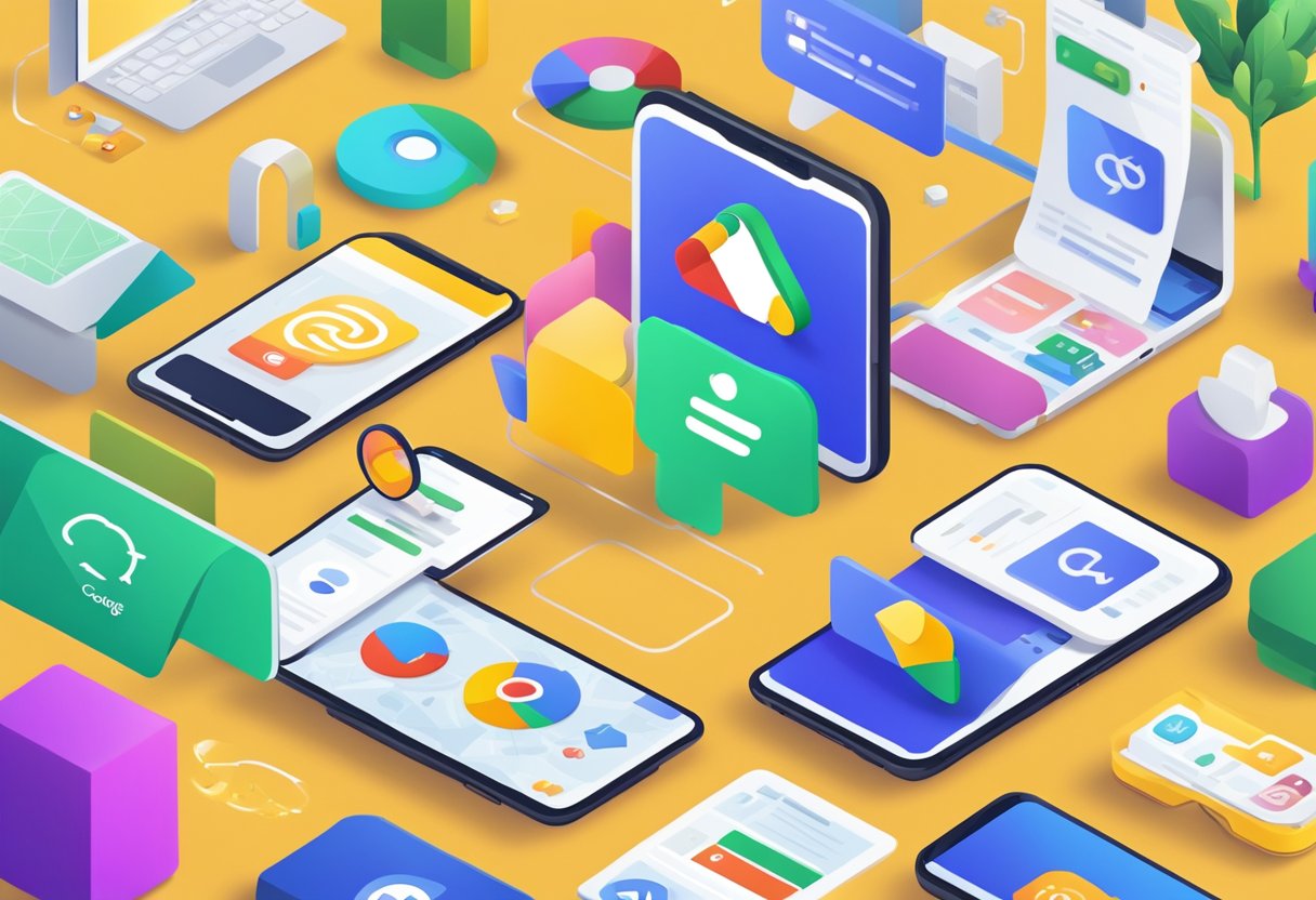 A smartphone displaying a Google Ads campaign with vibrant colors and engaging graphics, surrounded by icons representing various digital marketing platforms