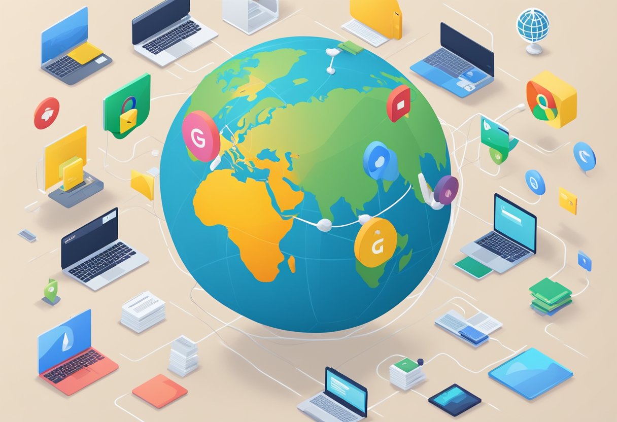 A globe surrounded by digital devices displaying Google ads in various languages