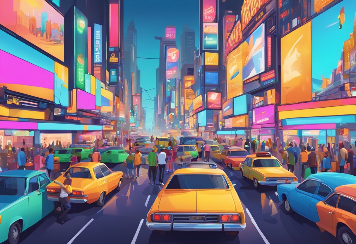 A bustling city street with colorful billboards and neon signs, crowded with people and vehicles